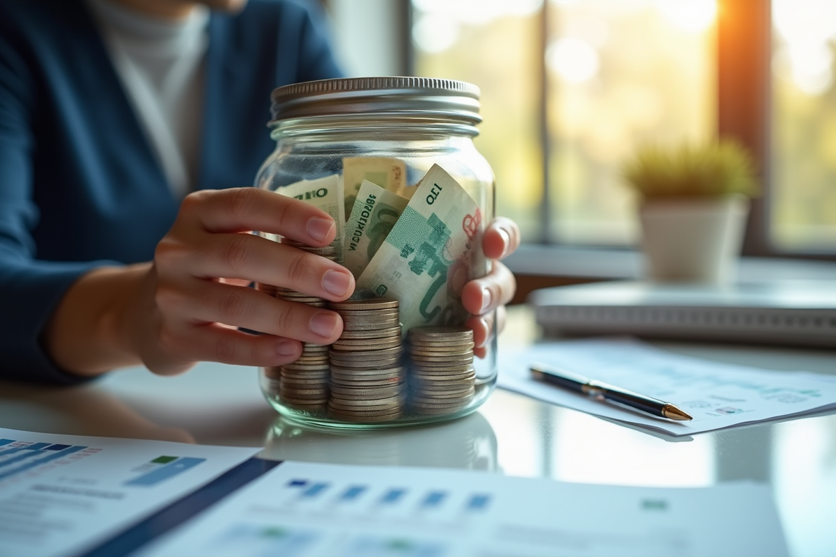 Personne tenant un jar rempli de billets et pièces sur un bureau lumineux