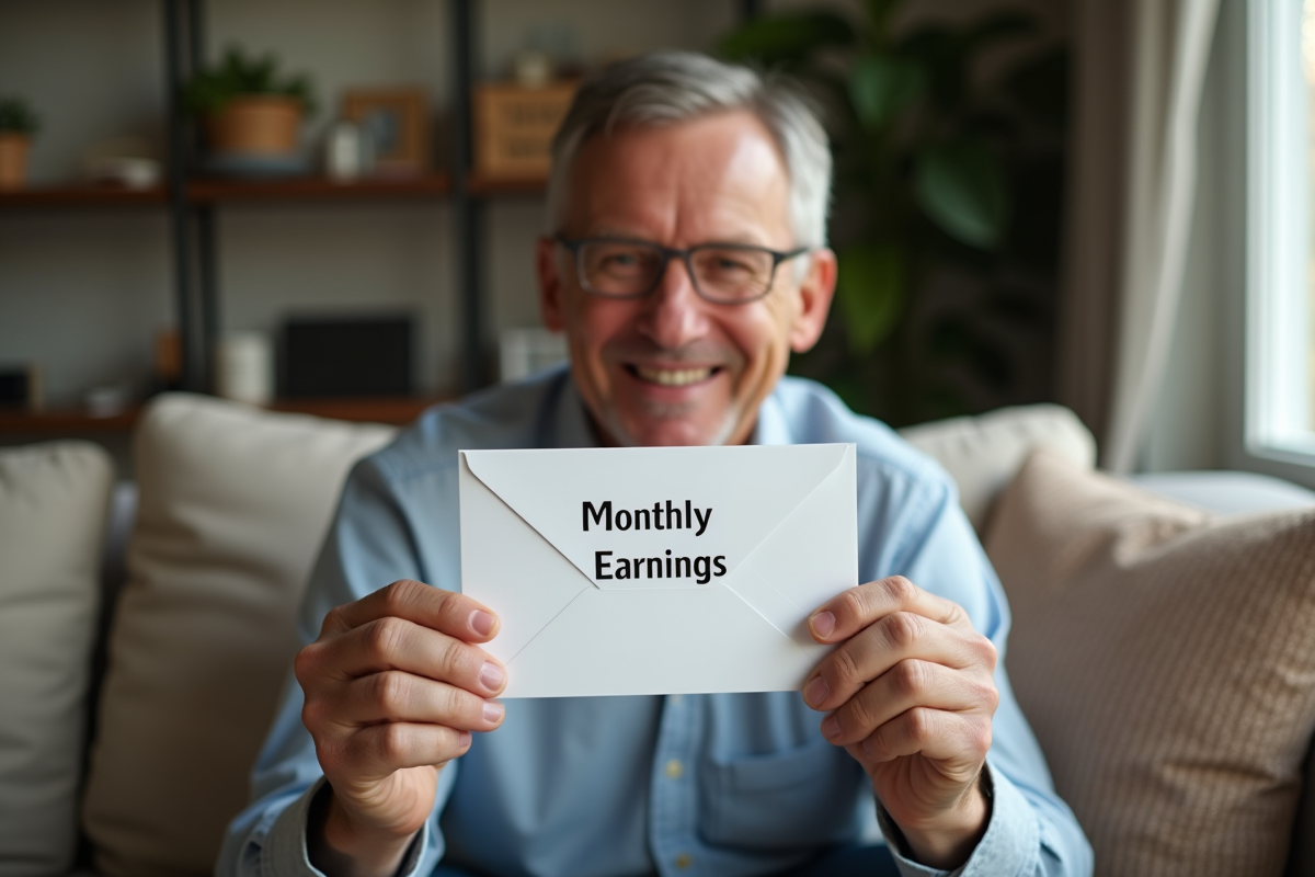 Personne souriante tenant une enveloppe de revenus mensuels