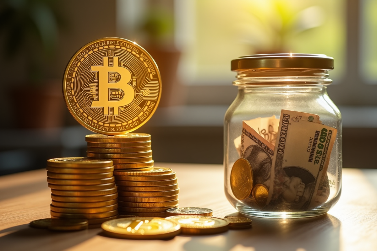 Pièces d or et billets avec symbole Bitcoin holographique lumineux