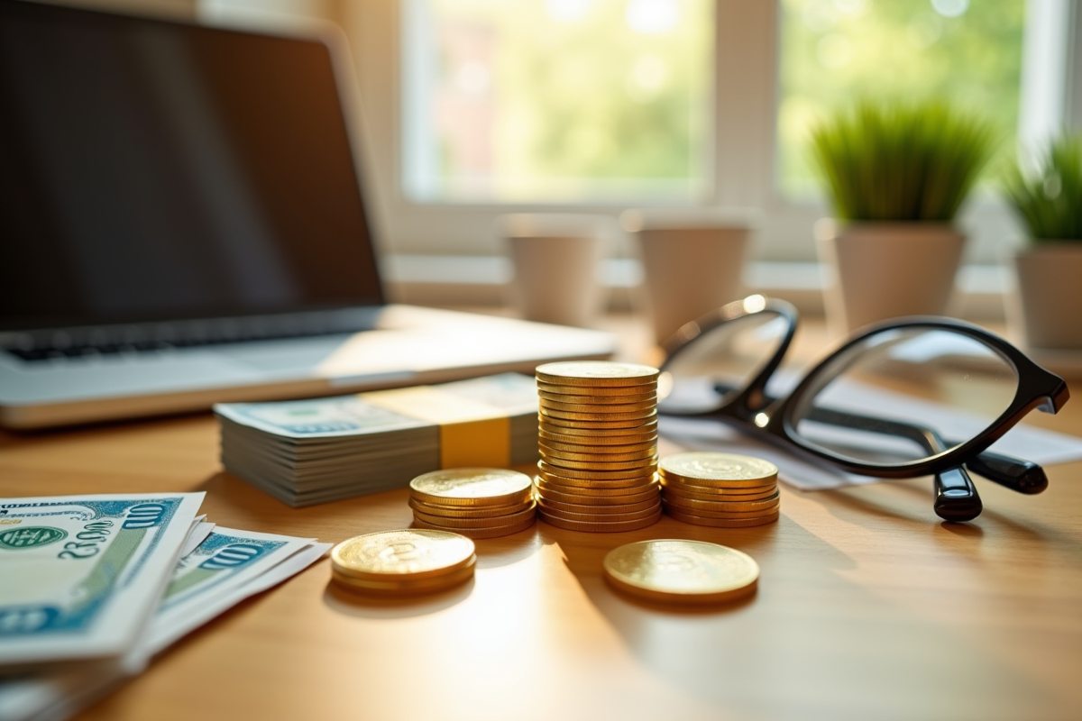 Pièces d or et billets de banque sur un bureau lumineux