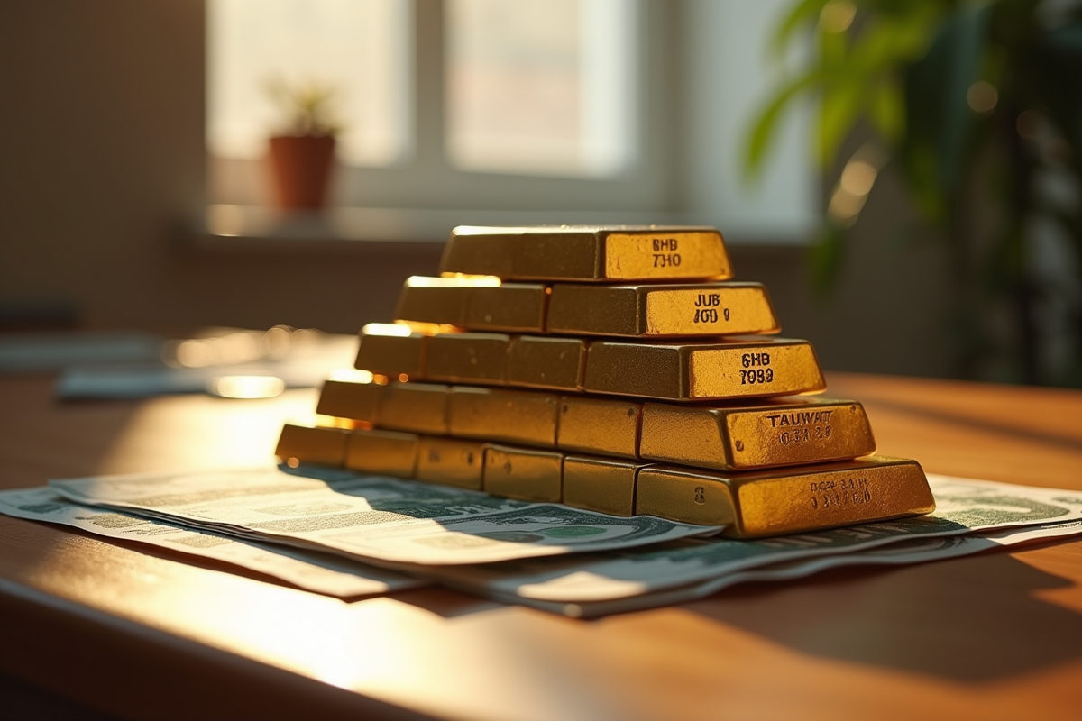 Tas de lingots d or et billets de banque sur une table en bois