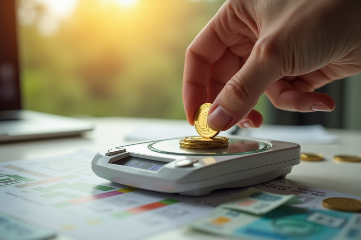 Main posant une piece d or sur une balance avec billets