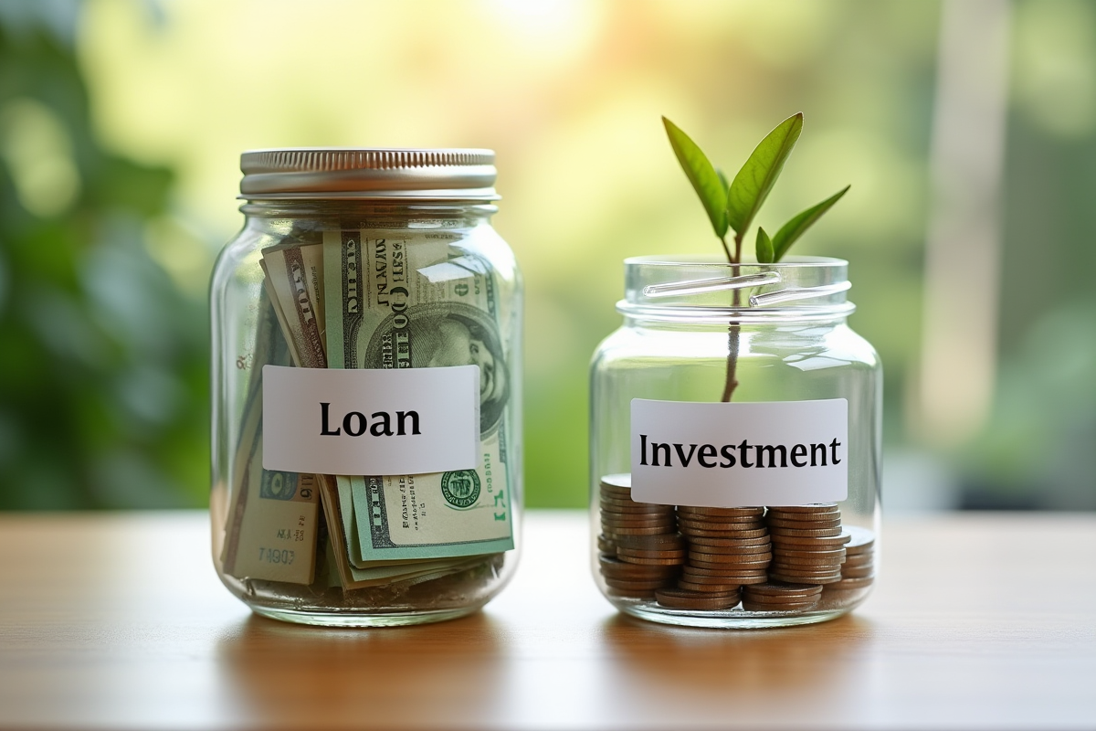Deux pots sur table avec argent et plante verte symbolisant prêt et investissement
