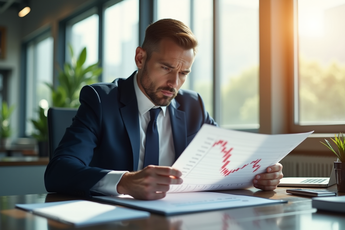 Professionnel anxieux examinant un portefeuille d'investissement
