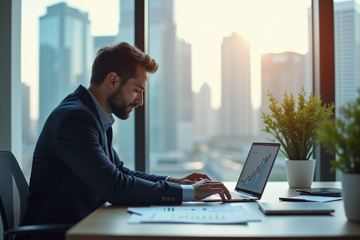Professionnel financier analysant des graphiques financiers avec vue sur la ville