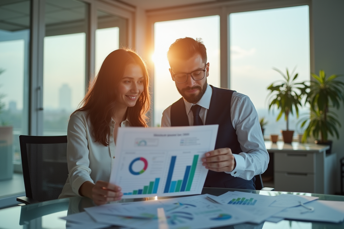 Une femme d'affaires et un homme d'affaires dans un bureau moderne examinant des graphiques