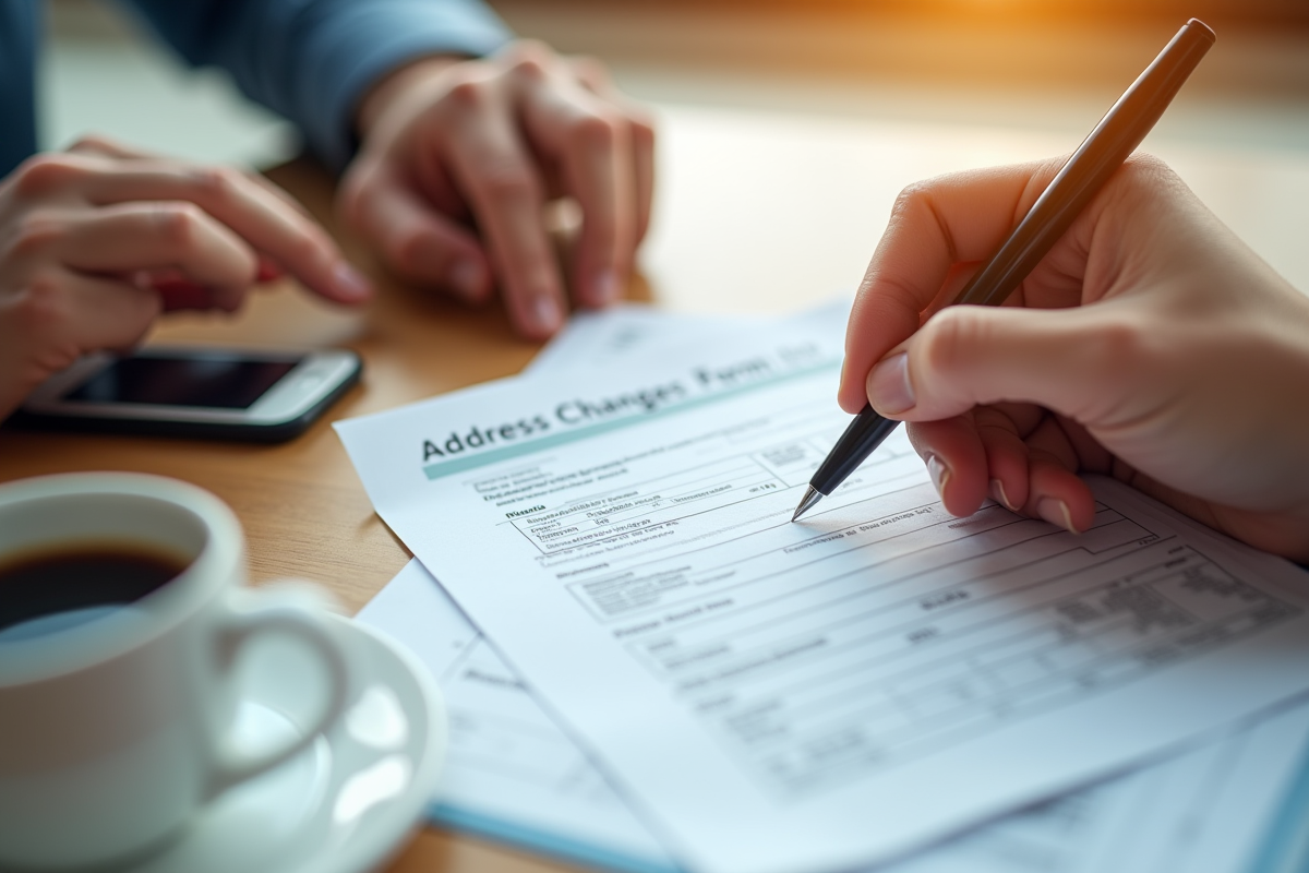 Mains remplissant un formulaire de changement d adresse avec un stylo