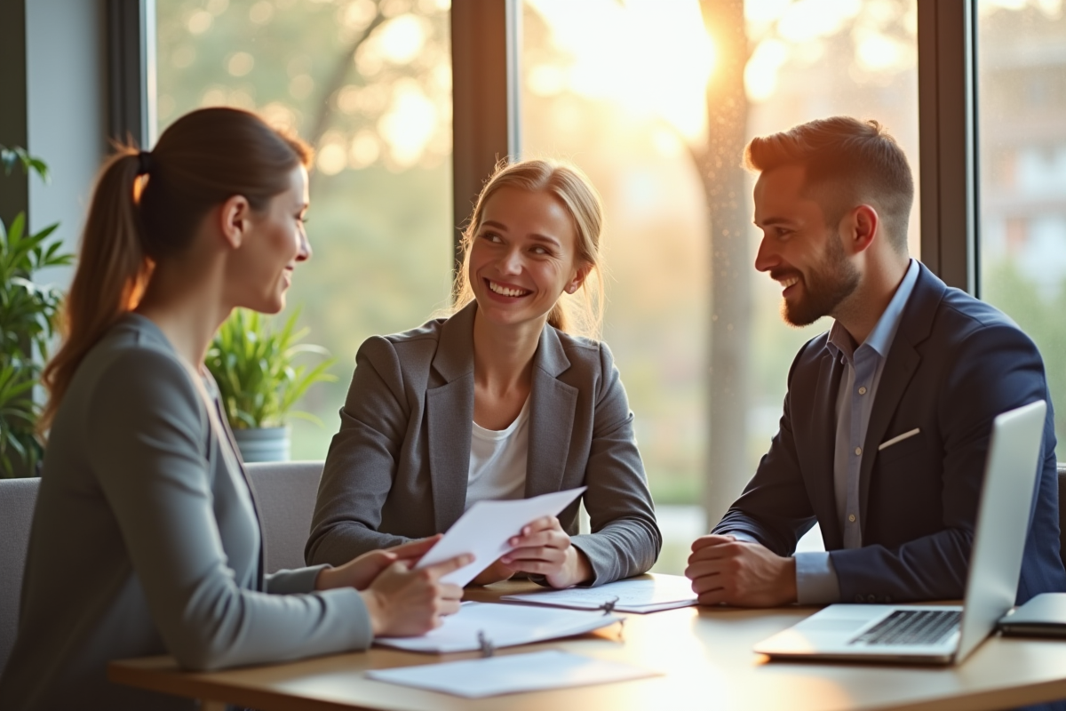 Jeune couple rencontrant un conseiller financier dans un bureau lumineux