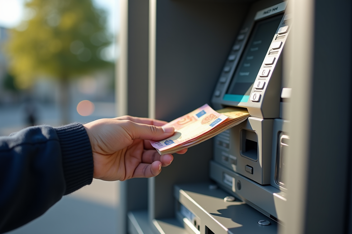 Main retirant des billets d euros à un distributeur automatique en plein air