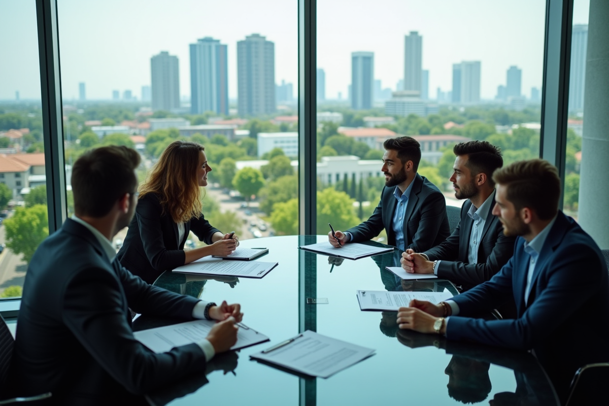 Groupe en réunion discutant de financement durable avec skyline solaire