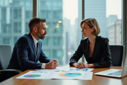 Homme et femme d affaires analysant des graphiques colorés dans un bureau moderne