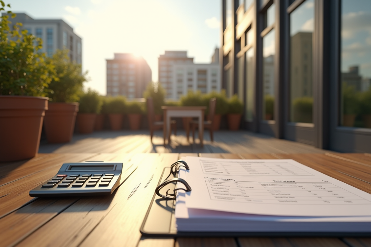 Terrasse urbaine avec documents fiscaux et calculatrice