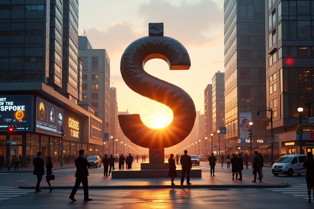 Sculpture urbaine symbolisant la decentralisation et la finance