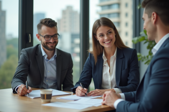 Jeune femme signant un document immobilier dans un bureau moderne