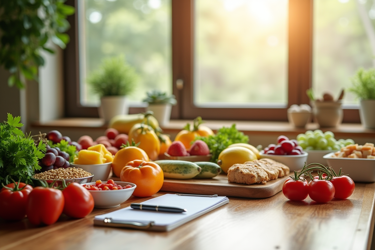 Table bien organisée avec fruits et légumes frais