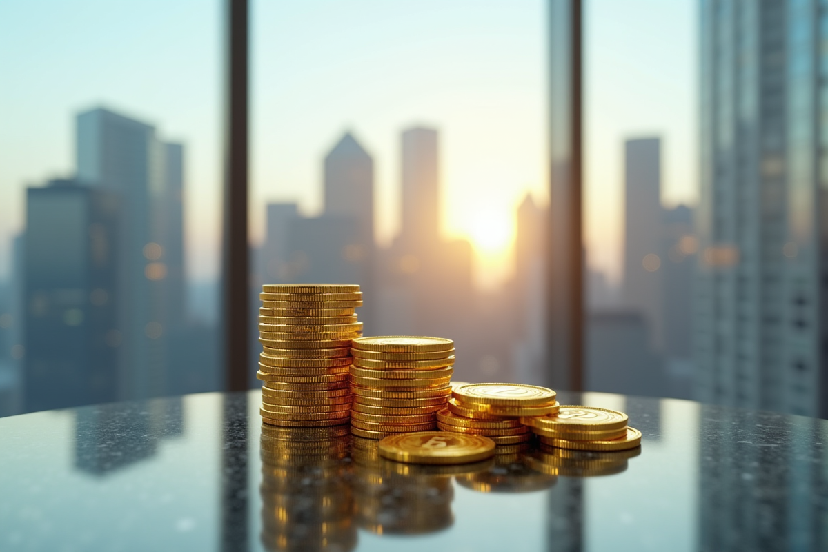 Plusieurs bitcoins en or empiles avec vue sur la ville en arrière-plan