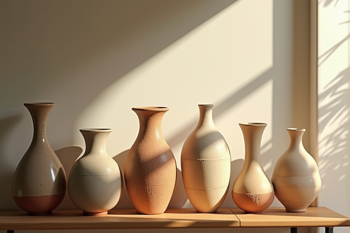 Vases en céramique artisanale sur une étagère ensoleillée