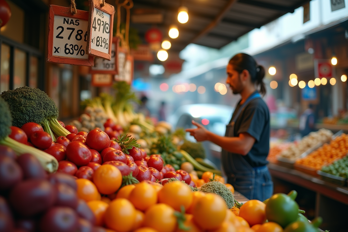 Vendeur affichant des prix en différentes monnaies dans un marché coloré