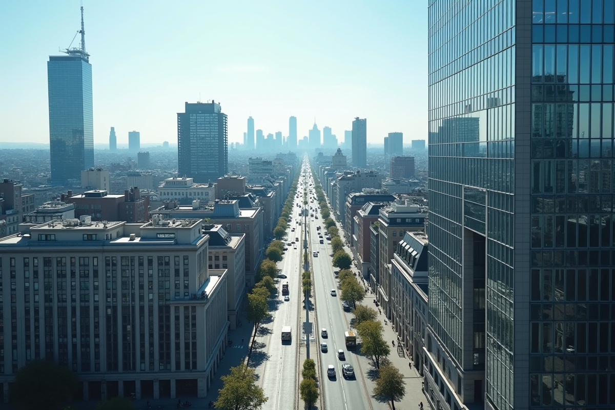 Vue aérienne d'une ville européenne moderne avec bâtiments et rues